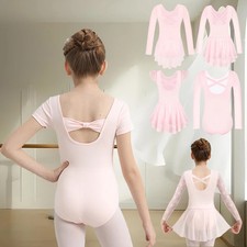 Girls Pink Ballet Leotards Short/Long/Flutter Sleeves Dance Bodysuit for Kids