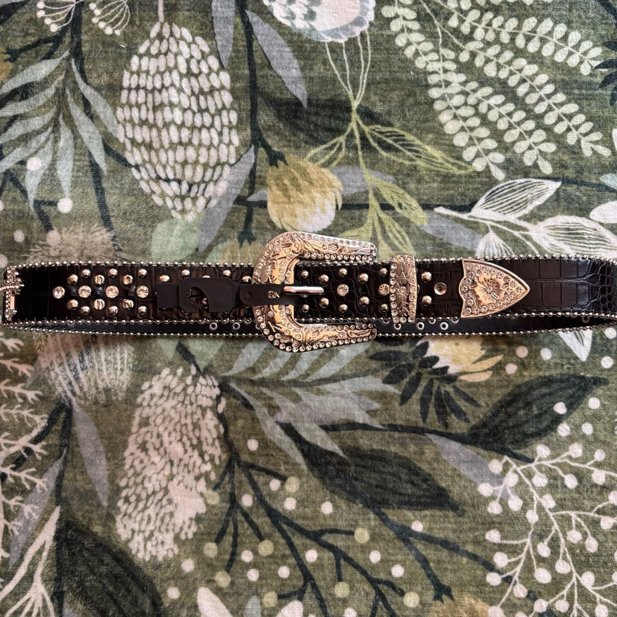 Vintage Leatherock Belt XL Black Leather Rhinestone Studded Western Buckle Y2K Black Leather Studded Belt With Rhinestone Studs Vintage  main image 4