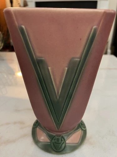Roseville Futura Pink Green 1928 Art Deco Pottery Ceramic Victory Vee Vase 399-7