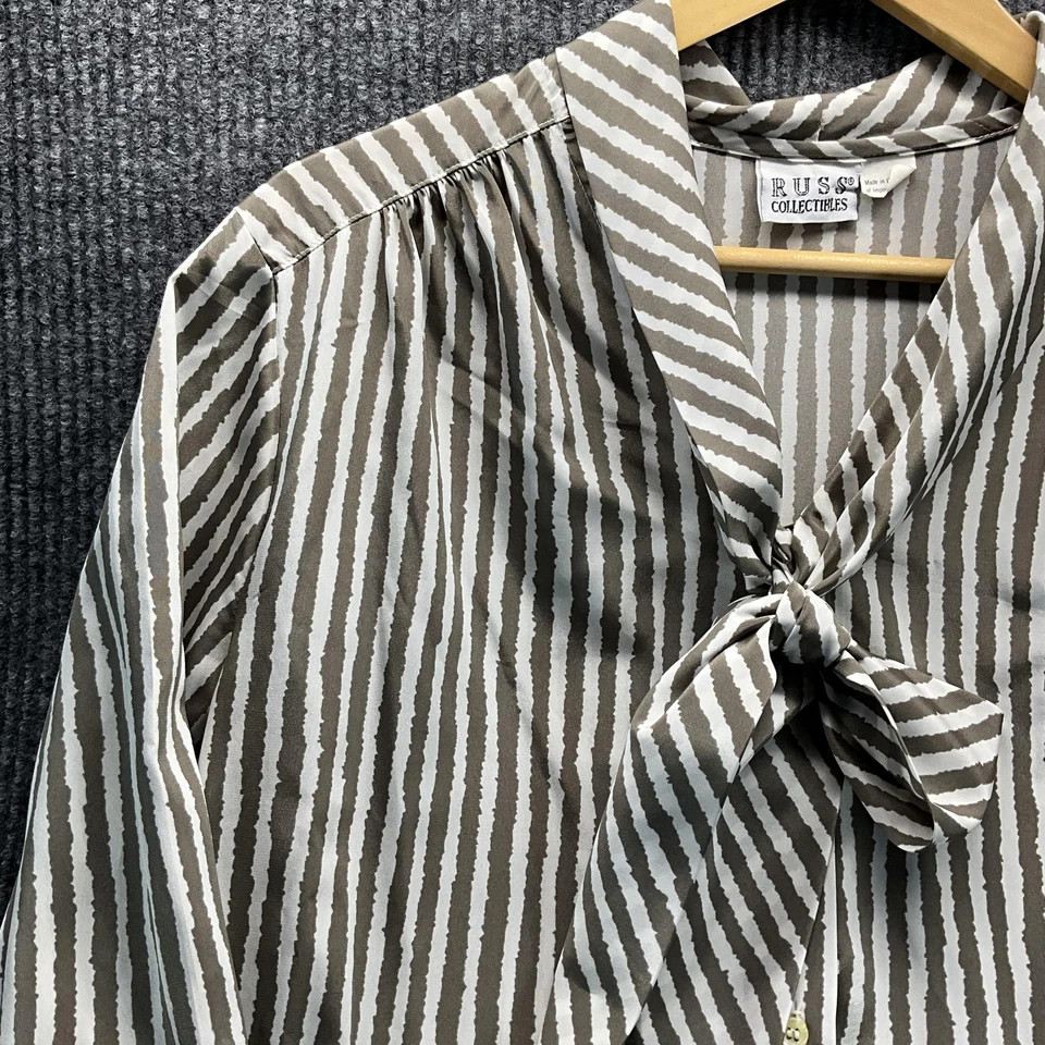 Camisa de Colección RUSS Coleccionables para Mujer XL Marrón Rayas Cuello Atado Hecha en EE. UU. Años 80 Foto 4 de 4