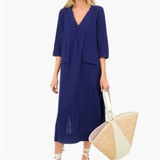 Pomander Place Carolina Caftan Maxi Dress Slit Hem V-neck Cotton Navy Blue XXL