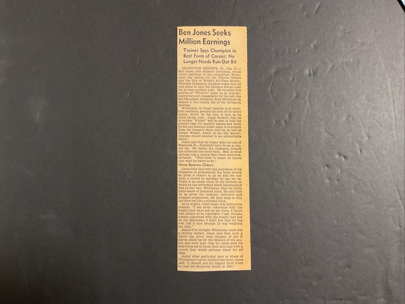 BEN JONES 1942 Original Clipping Horse  Racing WHIRLAWAY CALUMET FARM