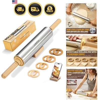 Adjustable Rolling Pin with Thickness Rings 304 Stainless Steel Dough Roller ...