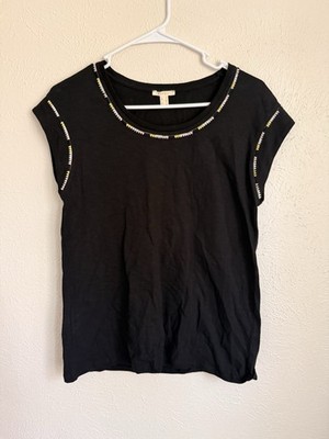 Esprit Women s Black Cap Sleeve Top Embroidered Trim Size Small