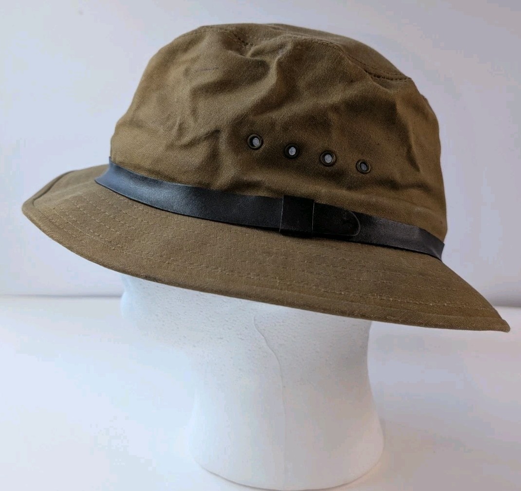 Vintage Filson Tin Cloth Packer Hat XL Tan Canvas Leather Band Seattle USA