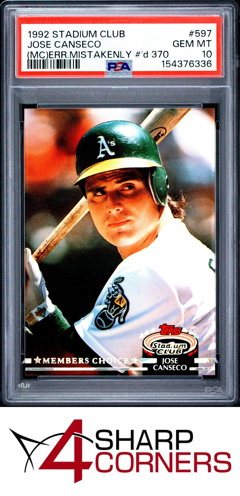 1992 STADIUM CLUB #597 JOSE CANSECO ERROR #'d 370 PSA 10
