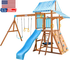 Wooden Swing Sets for Backyard Outdoor Playset with Slide Rock Wall Trapeze Bar