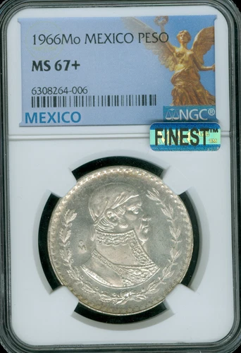1966 MEXICO SILVER 1 PESO NGC MS67+ PLUS MAC FINEST GRADE MAC SPOTLESS POP 2 *