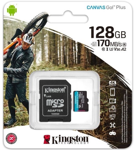 Kingston Canvas Go Plus 128GB microSDXC V30 U3 A2 Memory Card with SD Adapter - Afbeelding 1 van 9