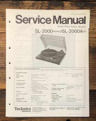 Technics SL-2000 SL-2000A Record Player / Turntable  Service Manual *Original*