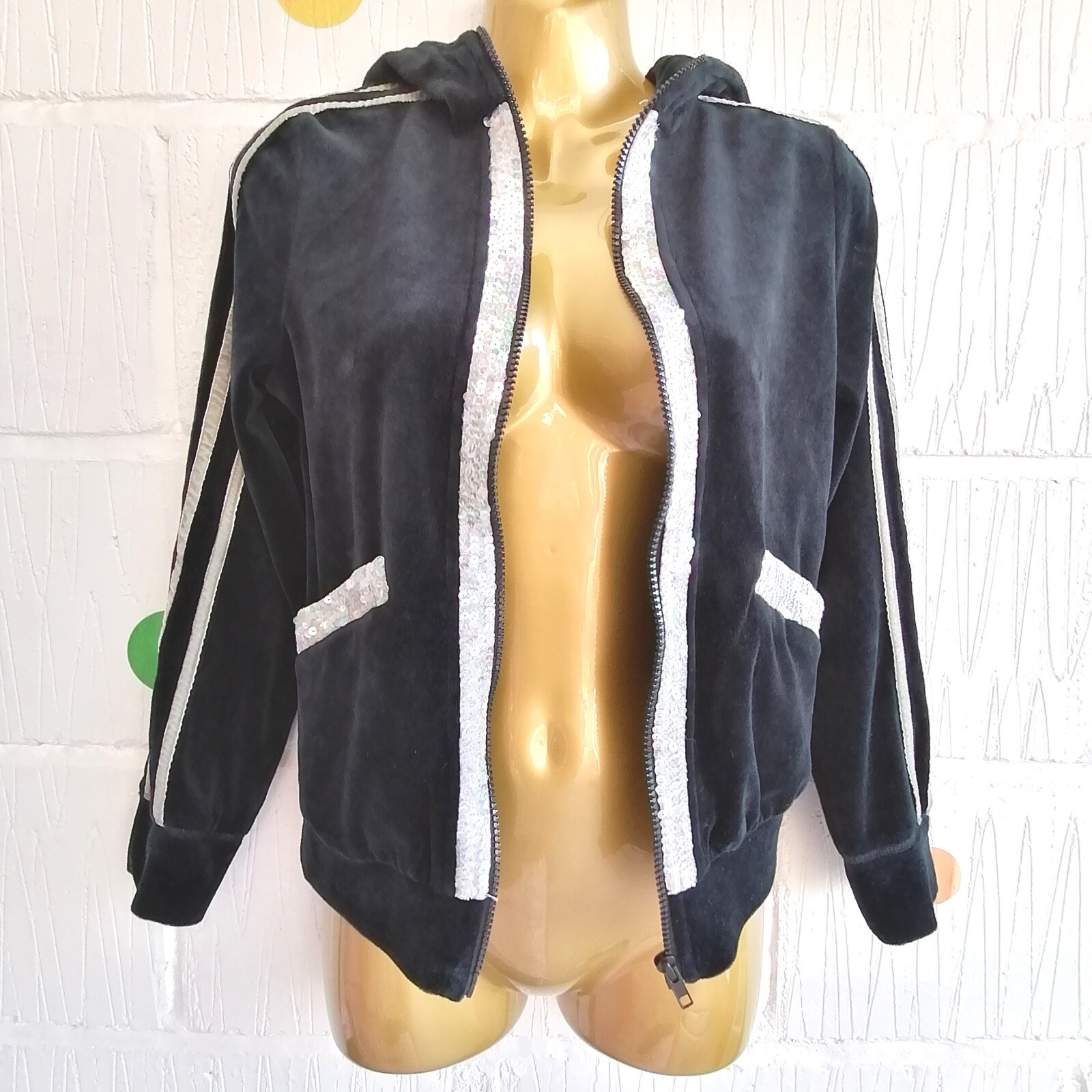 🖤Anna Rose Size 8 Retro Y2K 00s Black Velvet Velour Sequin Full Zip Hoodie