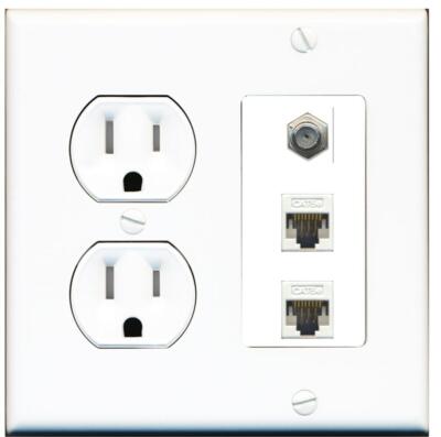 1 Port Coax 2 Port CAT5E Ethernet Wall Plate +TAMPER Resistant Power Outlet