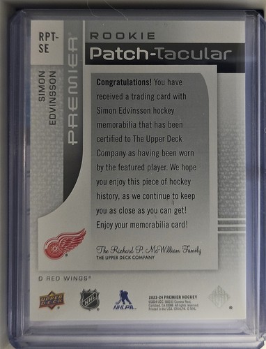 2023-24 UD Premier 25/25 Simon Edvinsson Rookie Patch-Toppa Logo Spettacolare - Foto 2 di 2