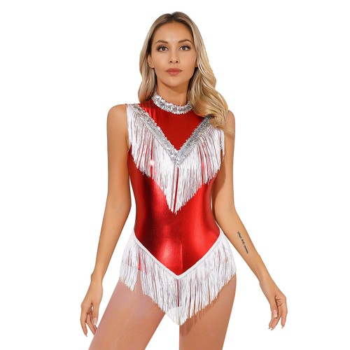 UK Womens Metallic Sleeveless Bodysuit Leotard Shiny Tassel Tap and Jazz Costume - Picture 12 of 64