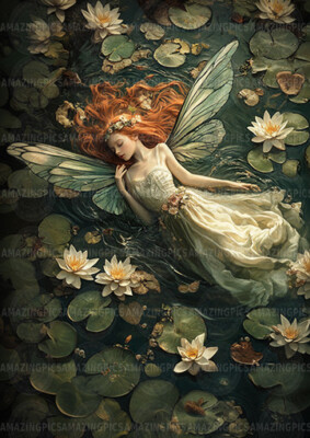 Schlafende Fee schwimmende Seerosen Fantasy Pixie Märchen Kunstdruck z15
