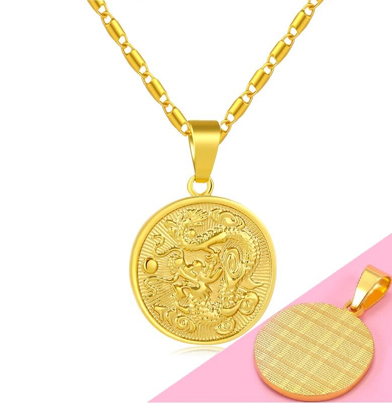 18k Yellow Gold Chain Link Mens Womens Dragon Pendant 24