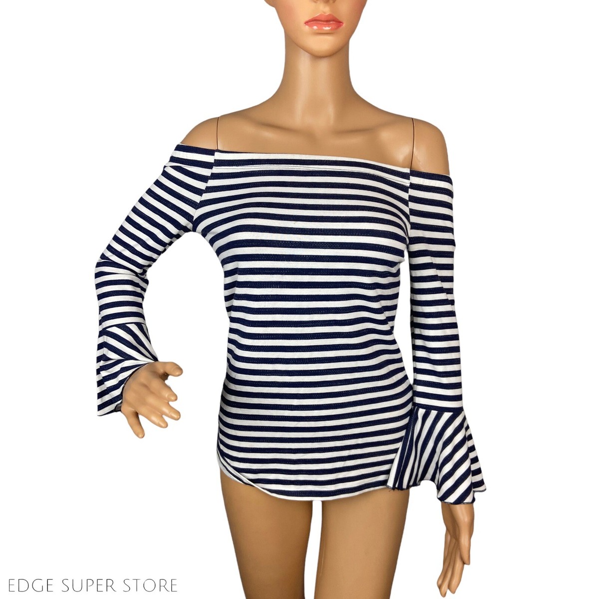 Three Dots Navy Blue White Striped Off Cold Shoulder Long