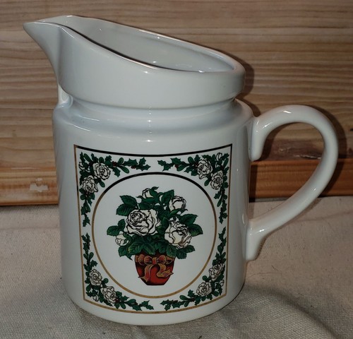 Vtg Wang’s International White Ceramic Pitcher 6.5in Christmas Rose Floral Decor
