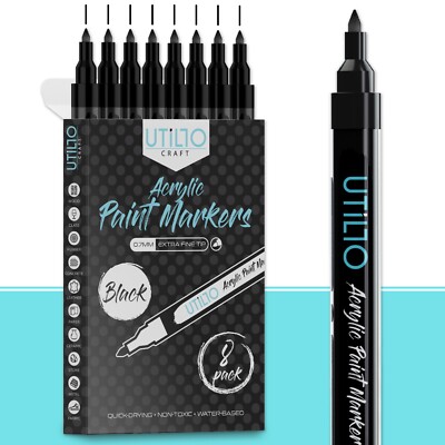 Black Acrylic Paint Marker Pen (8-Pack) Extra Fine Tip 0.7mm by Utillo Craft