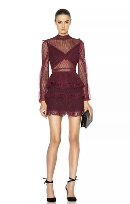 SELF PORTRAIT DOT MESH TIERED MINI DRESS BURGUNDY RED UK 8/ US 4