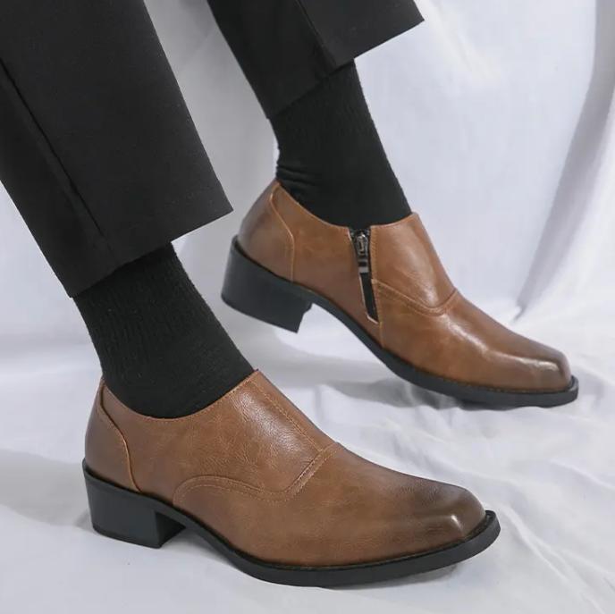 SAOLA Scarpe uomo punta quadrata tacco a blocco vintage zip laterale moda business oversize