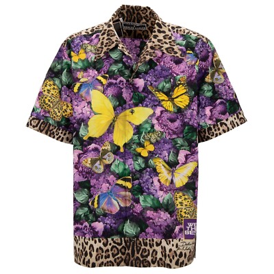 DOLCE & GABBANA DJ Khaled Hawaiian Shirt with Butterfly Leopard Print Purple Yellow