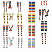 Women's Girl Rainbow Stripey Over Knee Socks w/Long Gloves High Thigh Stockings
