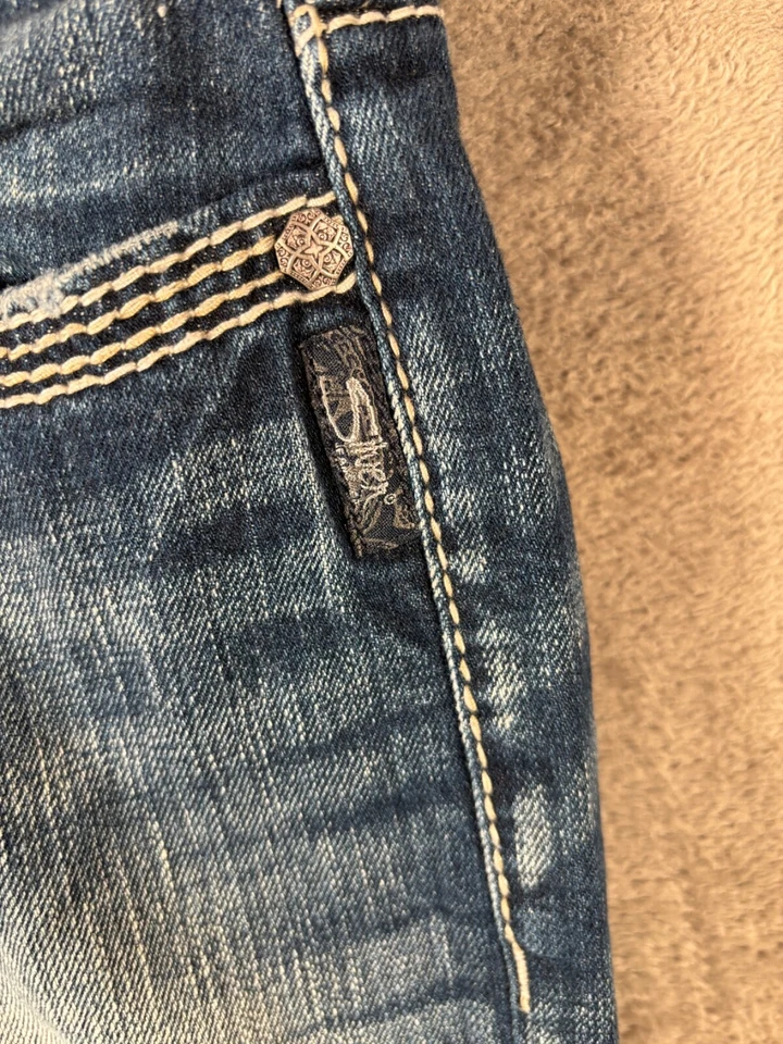 银色牛仔裤星期二牛仔裤蓝色低腰 29W 30x24 英寸西部金属重缝线 — 第 4/4 张图片