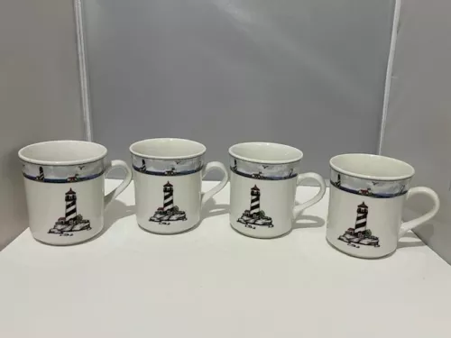 Set of 4 Vintage Totally Today Coastal Nautical Lighthouse Coffee Tea Mug Cup