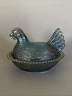 Vintage Indiana Glass Iridescent Blue Carnival Glass "hen on nest" Covered Dish
