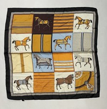 Vintage Equestrian Horse Print Square Scarf Satin Twill Grid Pattern
