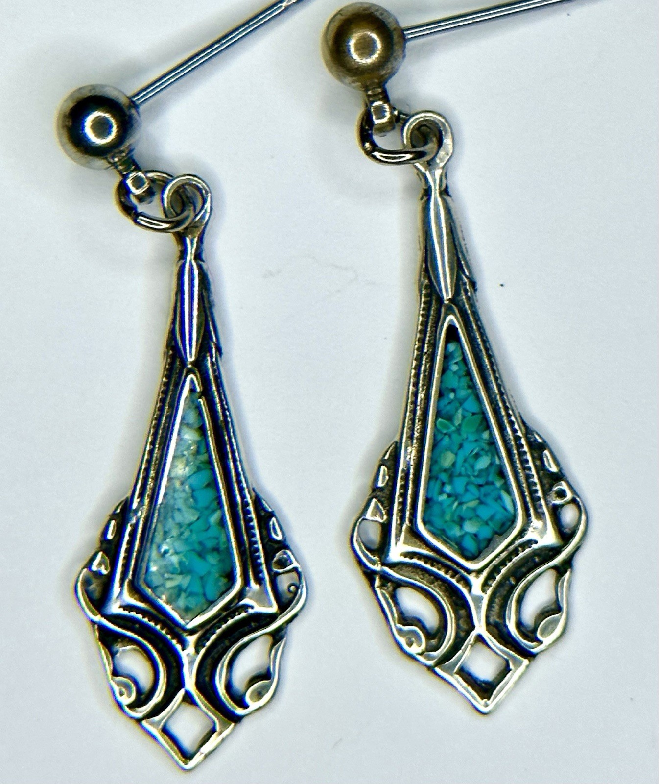 Vintage Sterling Silver Turquoise Inlay Drop Earrings Art Nouveau Style
