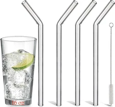 Reusable Glass Straws Shatter Resistant Bent 9 inch 8mm, Clear Glass Drinking St