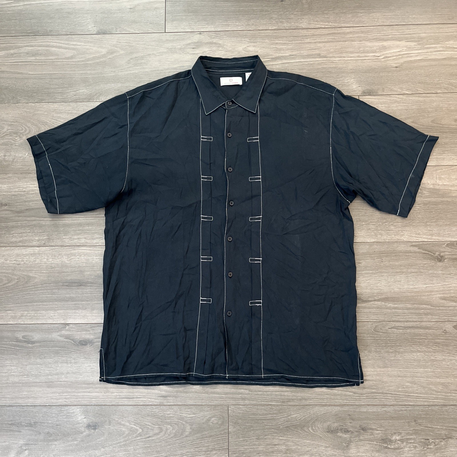 Bobby Chan Mens XL Button Up Short Sleeve Shirt Black Silk/Bamboo