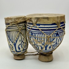 Moroccan Tbilat Bongo Drums Hand Painted Ceramic Goat Skin Blue White 1970s VTG