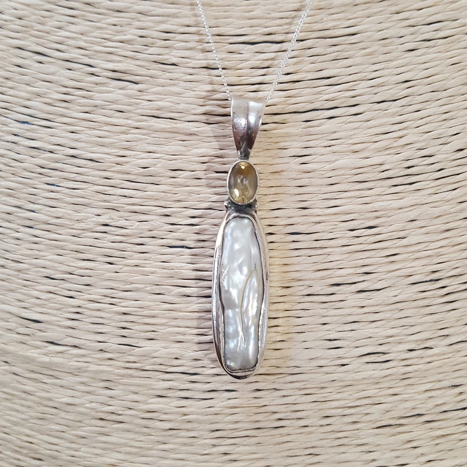 Vintage 925 Sterling Silver Necklace, Baroque Pearl And Citrine Pendant - Image 4 of 4