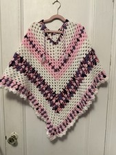 Vintage 70  s Handmade Girls Knit Poncho Purple Pink Tassel Tie