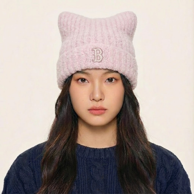 MLB Korea Plush Meow Beanie NY Yankees Black Cat Ear Hat Fuzzy