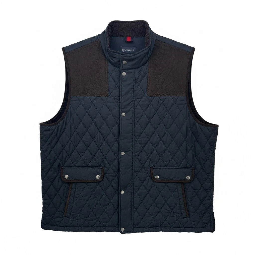 NEW Cremieux Men Quilted Vest Navy Blue Brown Suede Accents Pockets Snap Front