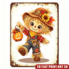 Rustic Farmhouse Decor Metal Sign Fall Scarecrow Sunflower Pumpkin Lantern Sign
