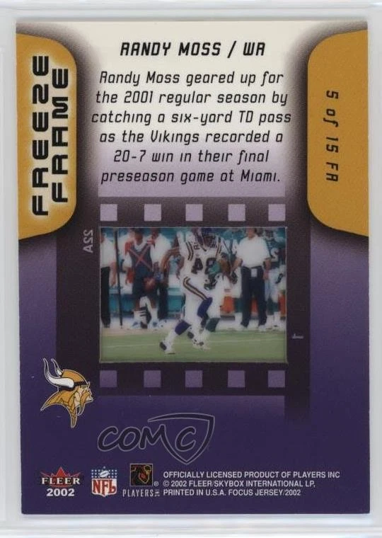 2002 Fleer Focus Jersey Edition Freeze Frame Randy Moss #5FR HOF - Image 2 of 2