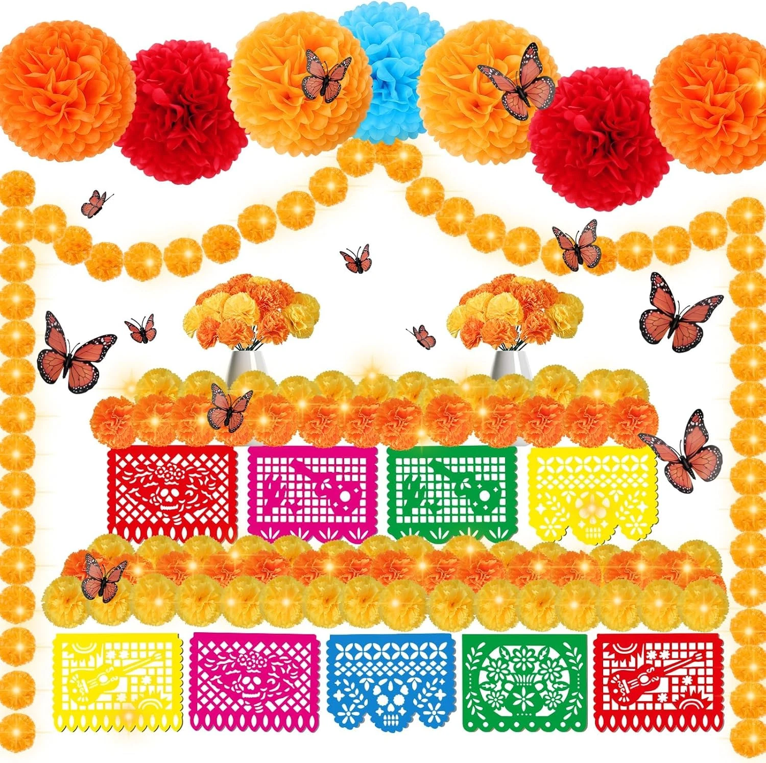 83Pcs Day of the Dead Decorations Set with 9 Mexican Banner Papel Picado,2 Light