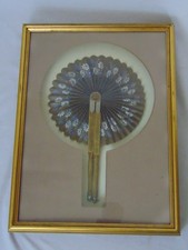 Victorian Antique Black Folding Fan Handpainted Flower Gold Frame Velvet Handle