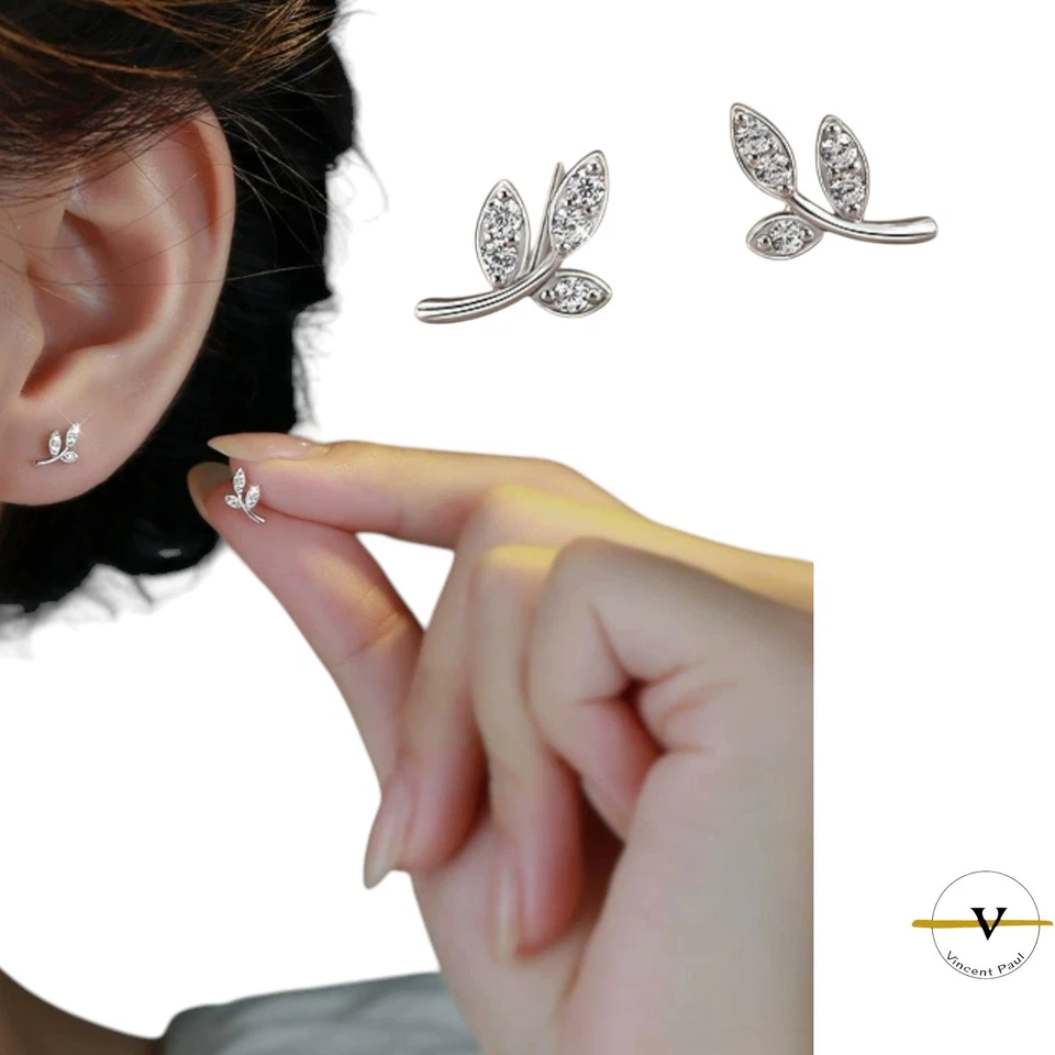 ORECCHINI DONNA  FOGLIE IPOALLERGENICI CON ZIRCONI IN ARGENTO 925 RODIATO - Immagine 3 di 4