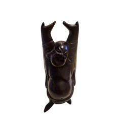 Happy Laughing Buddha Arms Raised Up Dark Wood Statue Hand Carved 4.25" Vintage