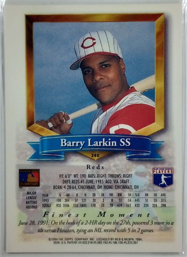 1994 Topps Finest Barry Larkin #240 - Picture 2 of 3