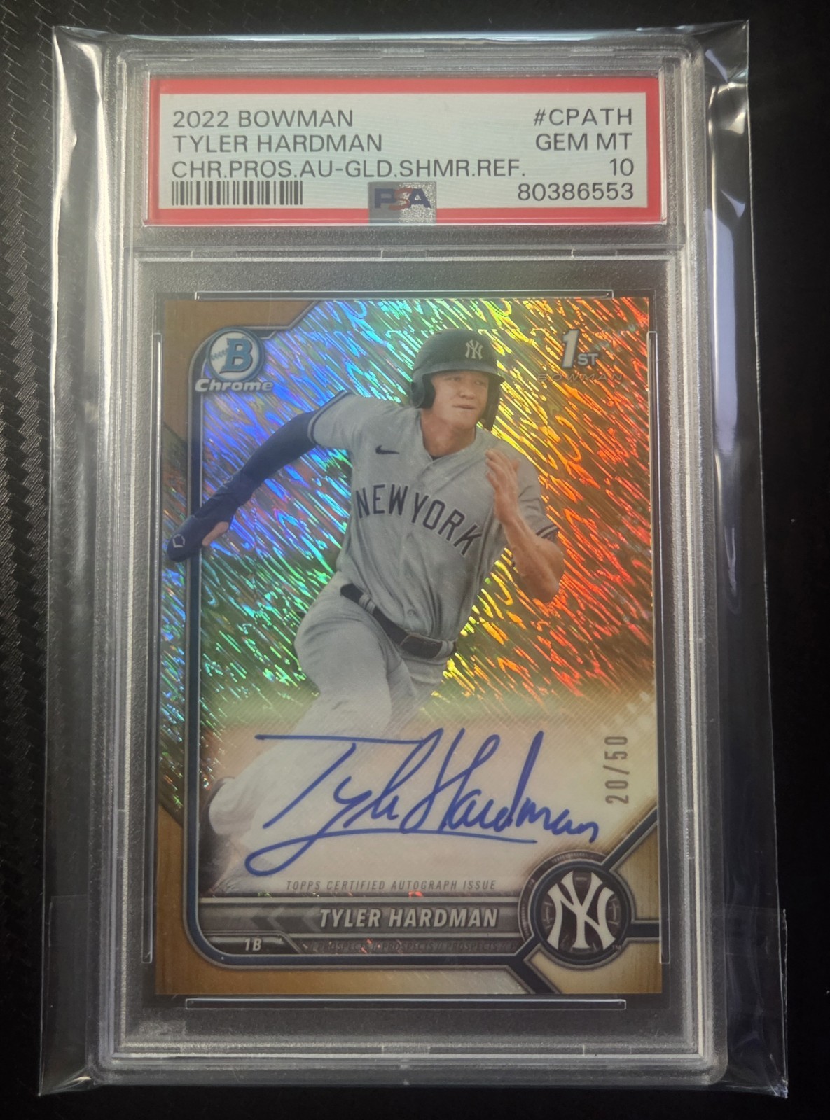 2022 Bowman Chrome 1st Tyler Hardman Auto Gold Shimmer 20/50 PSA 10 Yankees