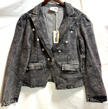 Savanna Jane L Denim Blazer Jacket Acid Wash Silver Button Double Breasted NWT