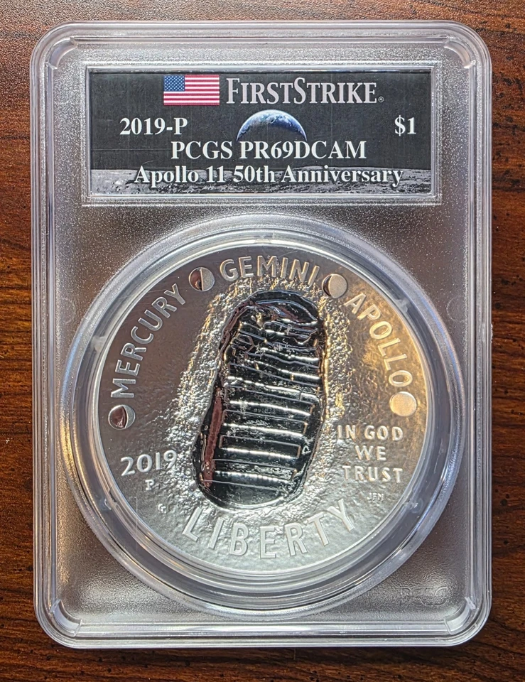 Apollo 11 50th Anniv. 5 oz Silver $1 – PCGS PR69DCAM – Deep Cameo Proof 2019-P  - Image 2 of 2