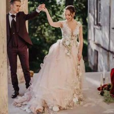 Floral Lace Wedding Gowns Pretty Blush Pink Tulle Bridal Dresses 3D Flower Party